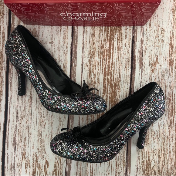 New Charming Charlie Black Sparkle Heels Size 10 - Picture 2 of 8